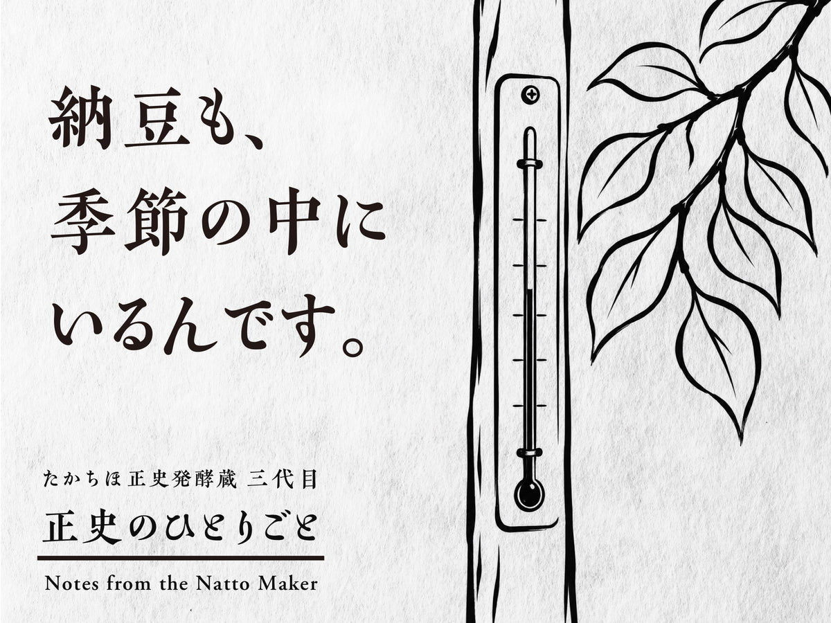 納豆も、季節の中にいるんです。柱に掛かった気温計と、そばに伸びる枝葉の筆画。
